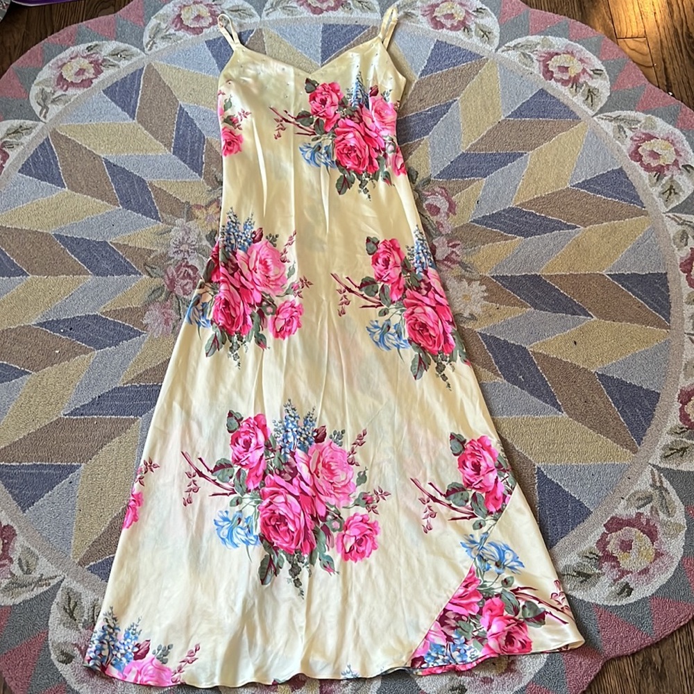RARE VINTAGE BETSEY JOHNSON RHINESTONE SILK FLORAL MIDI MAXI SLIP DRESS XS S 2 4 - Picture 1 of 11